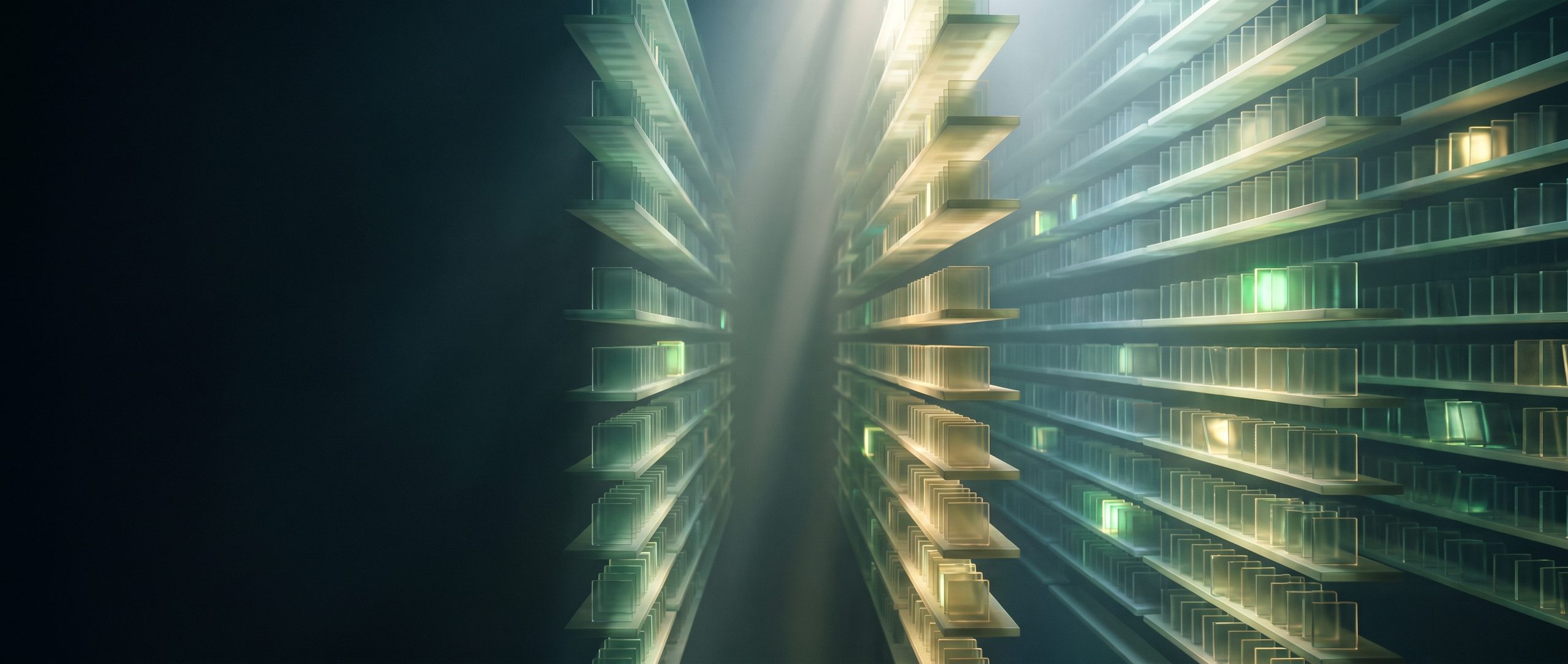 An immense dark archive of luminous shelves receding into haze, tier upon tier of small glowing plates, with shafts of light falling through drifting dust.