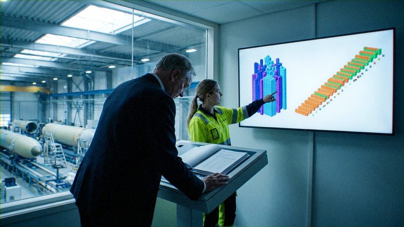 ['Executive Management (represented by the man in the suit)', 'Technical Operations/Engineering (represented by the woman in high-visibility workwear)', 'Digital Analytics and Monitoring Systems (the large interactive display)']. A collaborative technical briefing where.