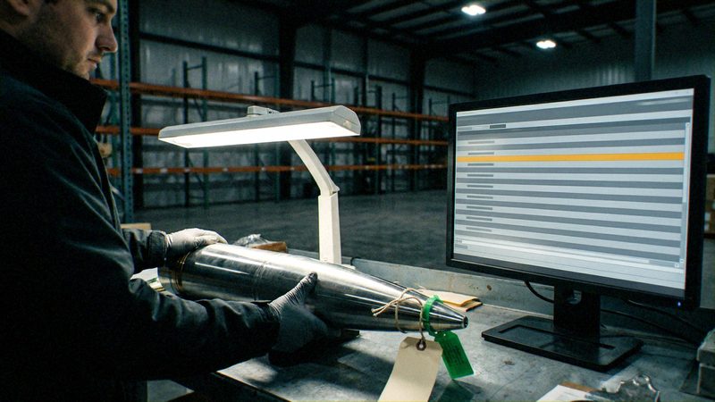 ['Inspector/Technician', 'Metallic Projectile/Component', 'Digital Inventory Database', 'Physical Identification Tags']. A technician is performing a physical verification of a sensitive object against a digital record to ensure accurate cataloging or chain-of-custody..