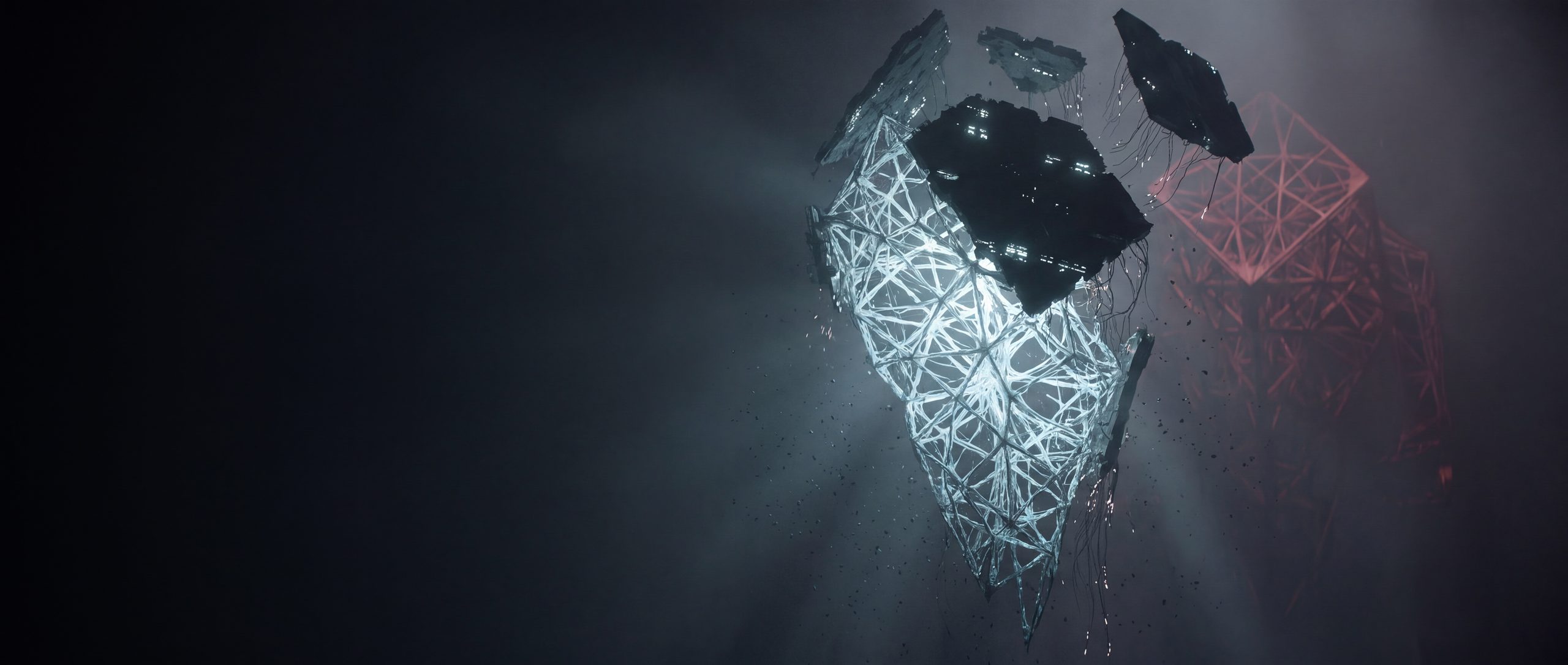 An immense luminous lattice suspended in darkness, brilliant on its near face but breaking apart at the top, with a colder intact rival structure looming behind it.