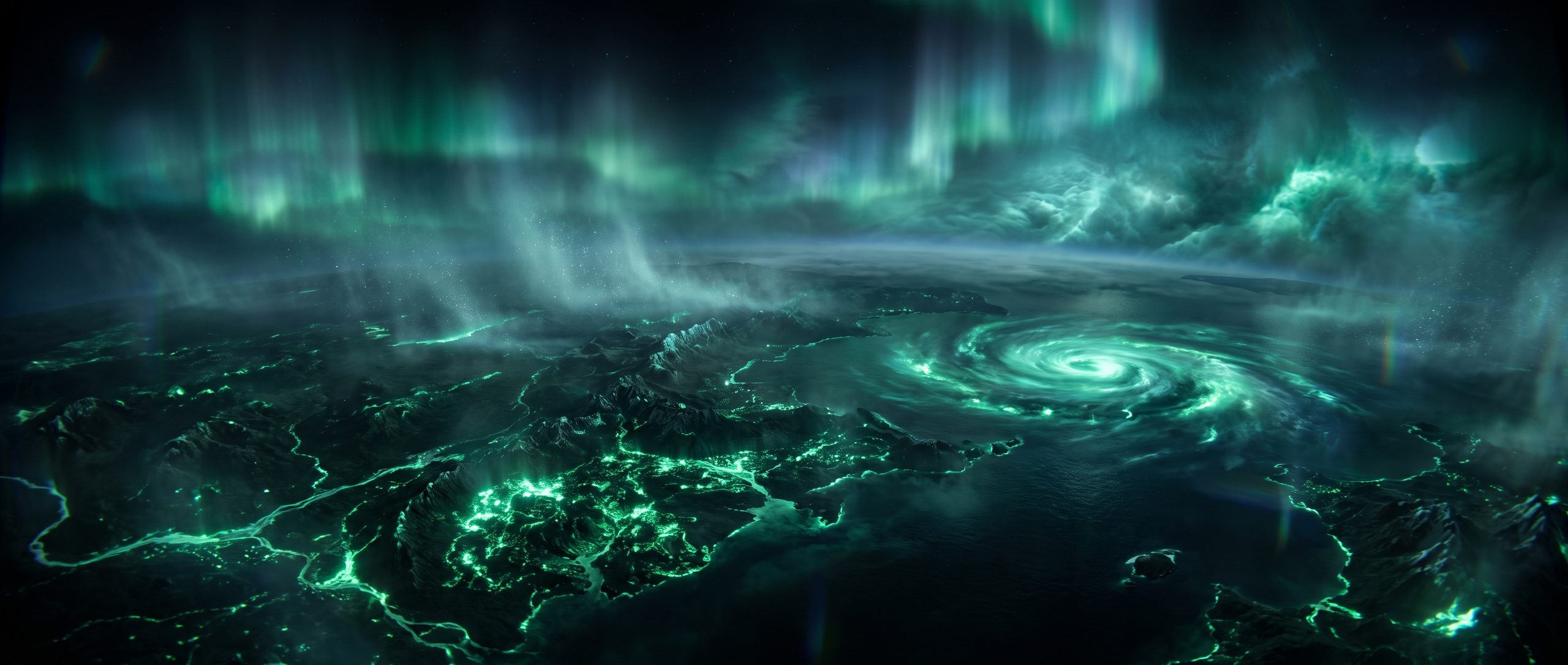 An illustration of a world of coastline, mountains and weather rendered in emerald light, with softly glowing volumes of light suspended in the air above it and threads of light passing in both directions.