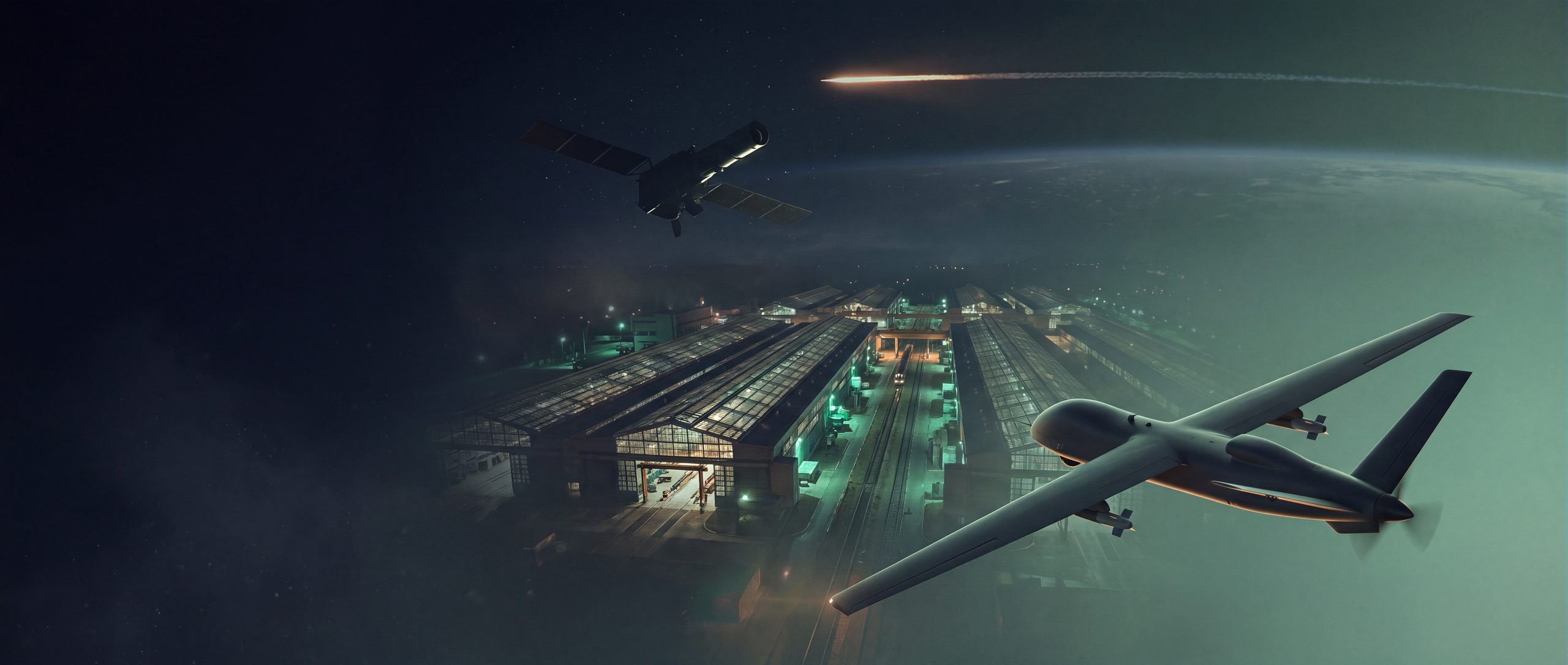 An artist's composite in emerald and teal light, layering a proposed uncrewed aircraft, a production campus, an orbital sensor platform and a hypersonic track into one night frame.