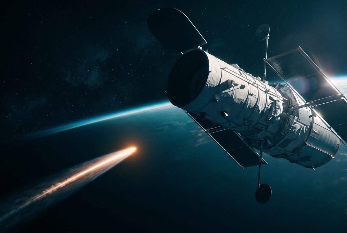 A large space-based optical sensor platform in orbit, solar wings extended, watching a hypersonic vehicle running through the upper atmosphere far below on a long incandescent plasma trail.