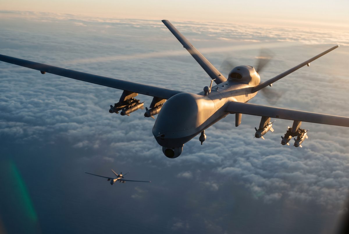 An uncrewed aircraft with a long slender wing banking above a cloud deck at golden hour, carrying several small slim interceptor bodies on underwing rails, with a second aircraft holding station far below.