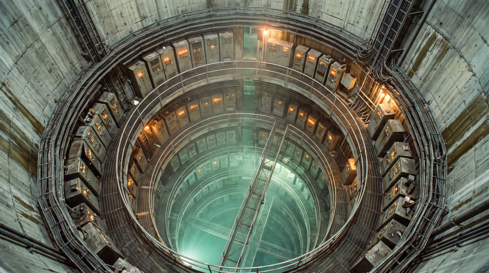 Looking straight down an immense concrete and steel shaft inside a hardened facility, ring after ring of galleries lined with instrument cabinets receding level by level into a green-lit depth far below.