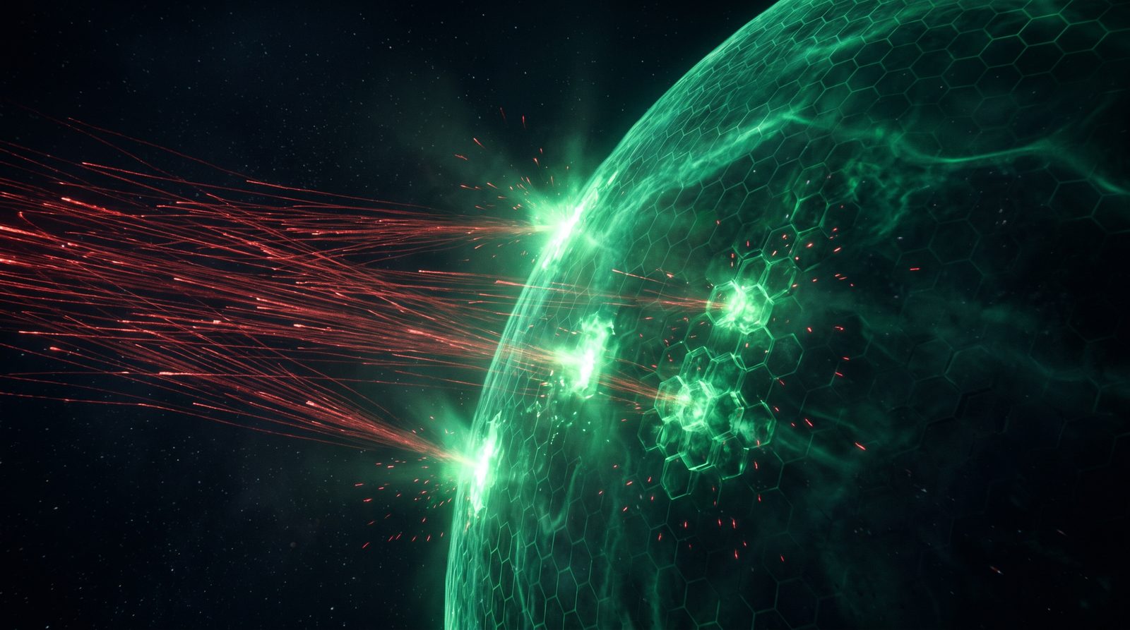 An immense emerald membrane of hexagonal cellular light under attack from thousands of fine crimson filaments arriving in unending waves, the membrane flaring brighter and knitting tighter precisely where it is being struck.