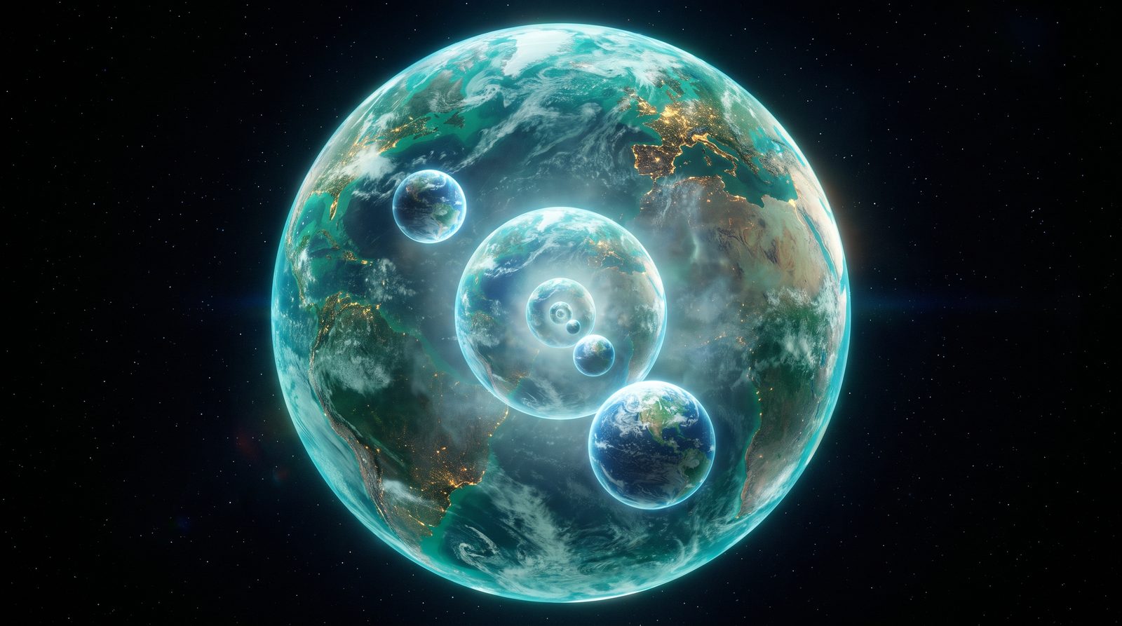An enormous translucent world of emerald and teal light, its terrain and weather visible, with several smaller complete worlds floating freely inside it at different depths, and smaller spheres again nested within the largest of those.